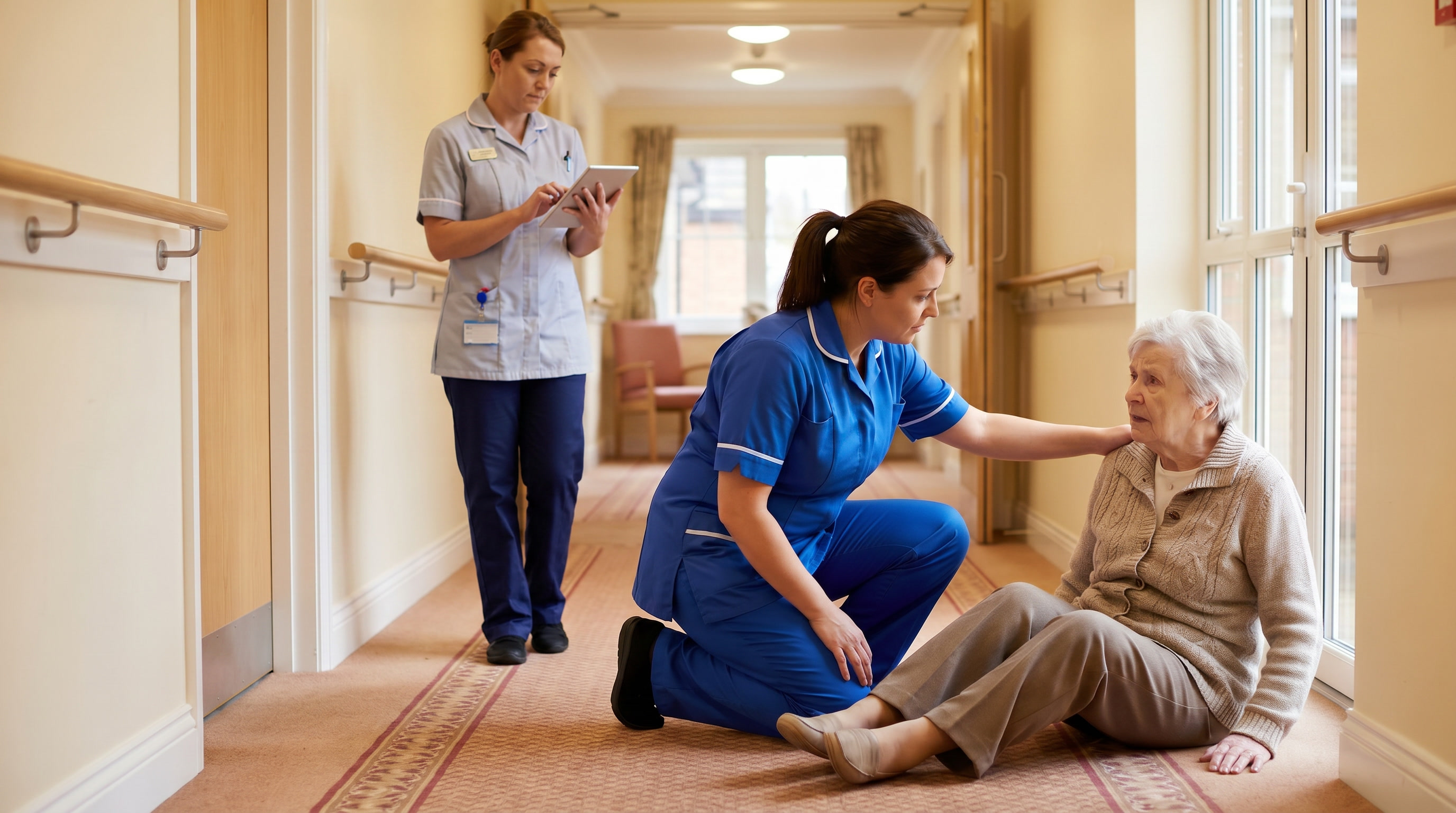 A care worker in a blue uniform kneeling beside an elderly resident who has fallen in a care home corridor, while a colleague logs the incident on an iPad