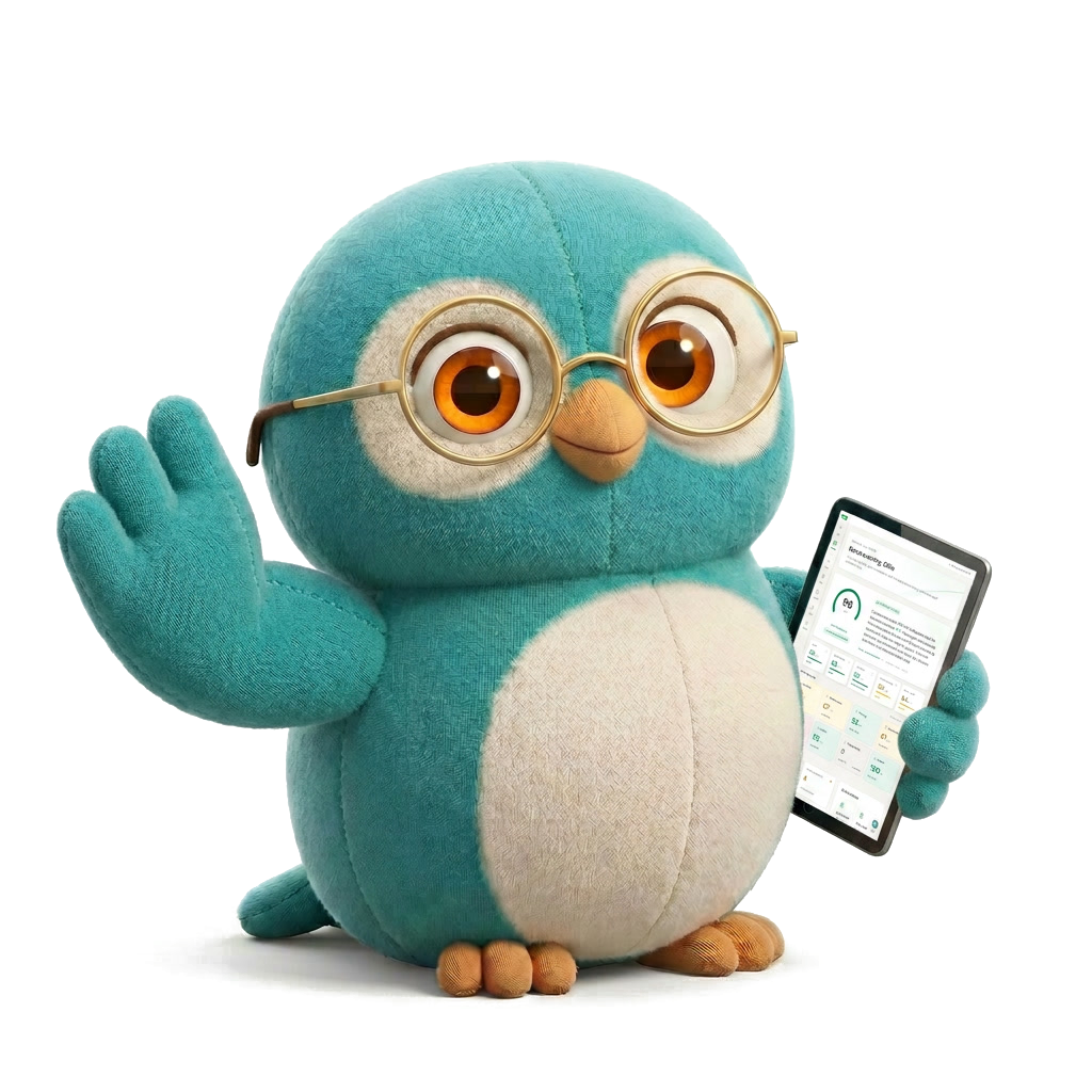 Ollie, the CareSentinel owl, holding a clipboard