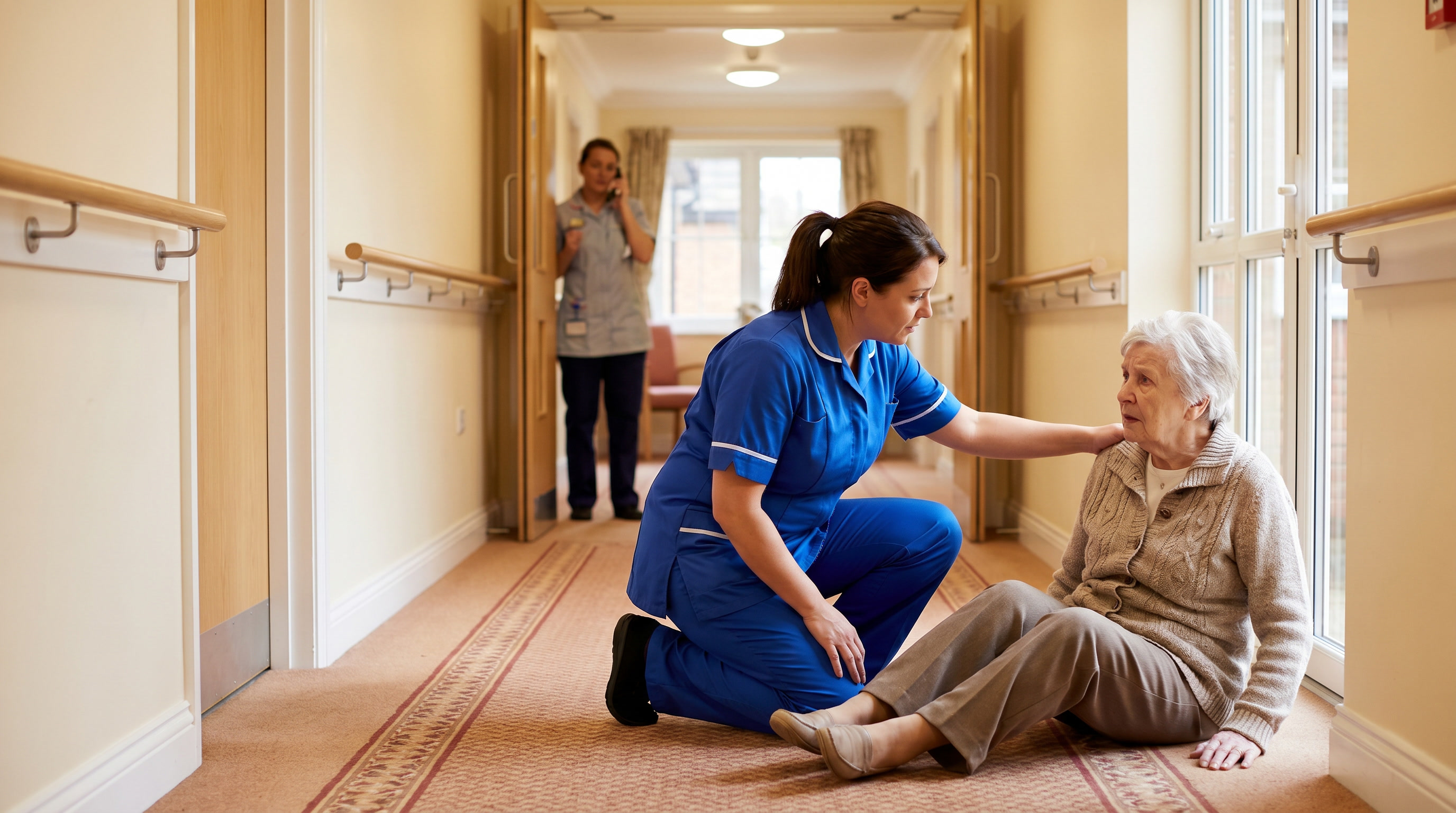 A care worker in a blue uniform kneeling beside an elderly resident who has fallen in a care home corridor, while a colleague phones for help