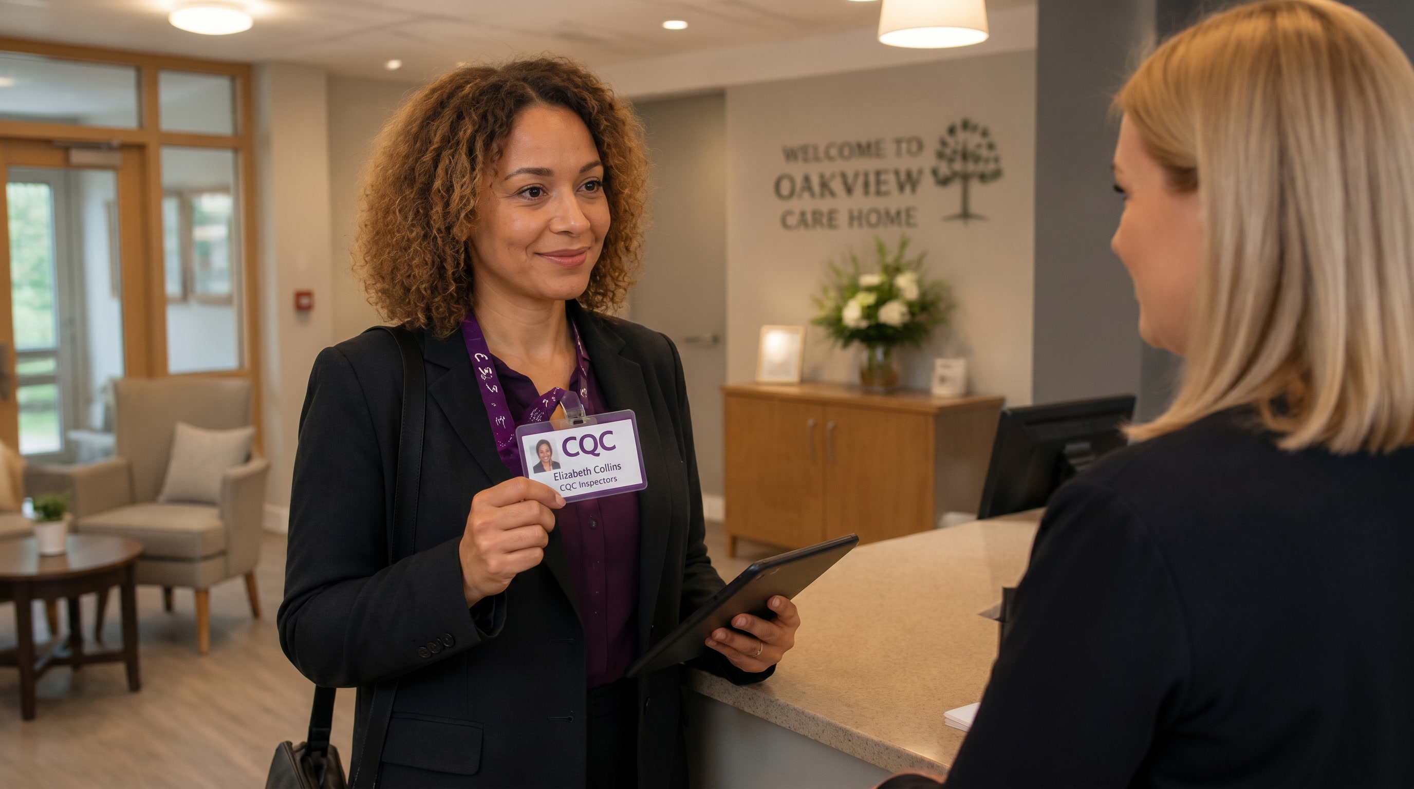 A CQC inspector in a smart suit arriving at a care home reception
